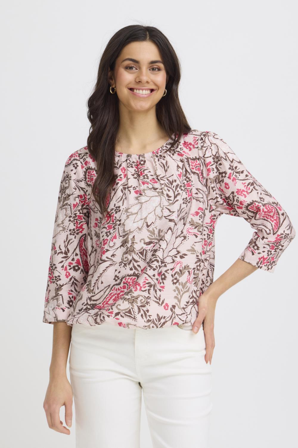 FRARIANA bluse - rosa- og blåmønstrete